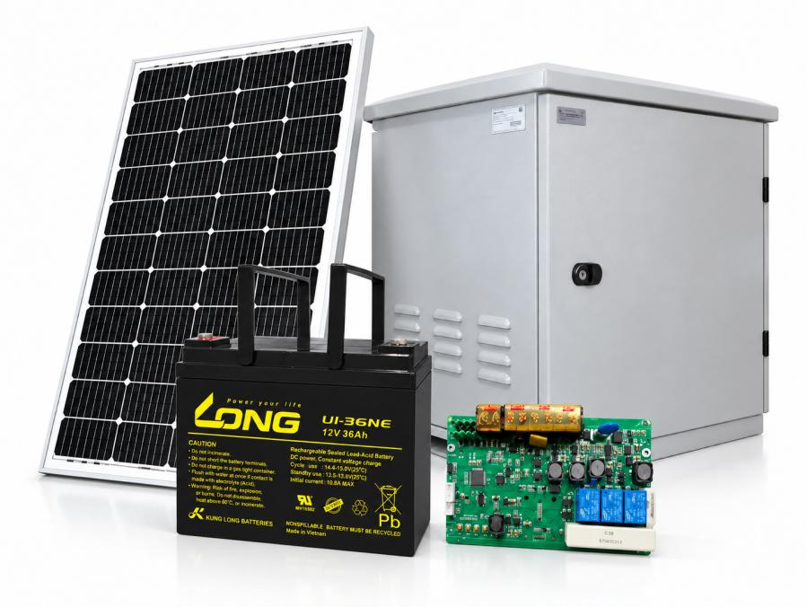 Các thành phần TC-SOLAR gồm tấm pin Mono, ắc quy 12V 36Ah, bo điều khiển sạc và tủ điện