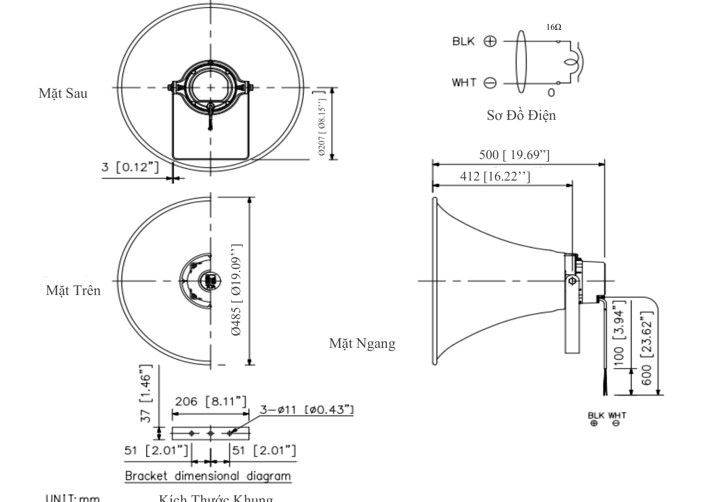 Bản vẽ kích thước và sơ đồ điện loa nén TCN30